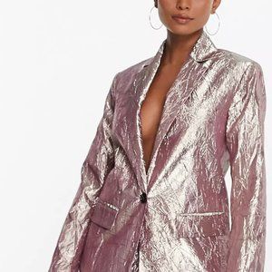 ASOS DESIGN metallic nipped waist suit blazer in silver